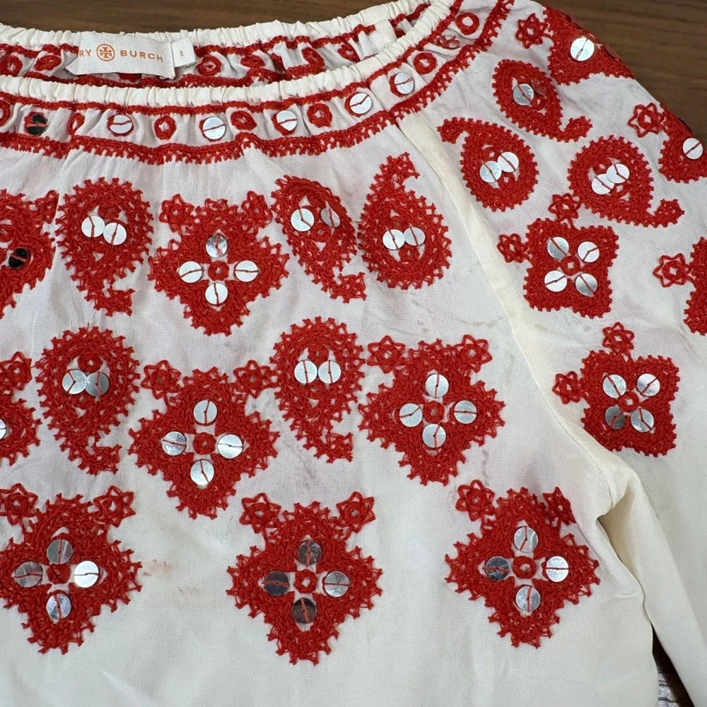 Tory Burch Leyla Blouse 0 Ivory Red Silk Embroidered Mirror Peasant Boho ***READ